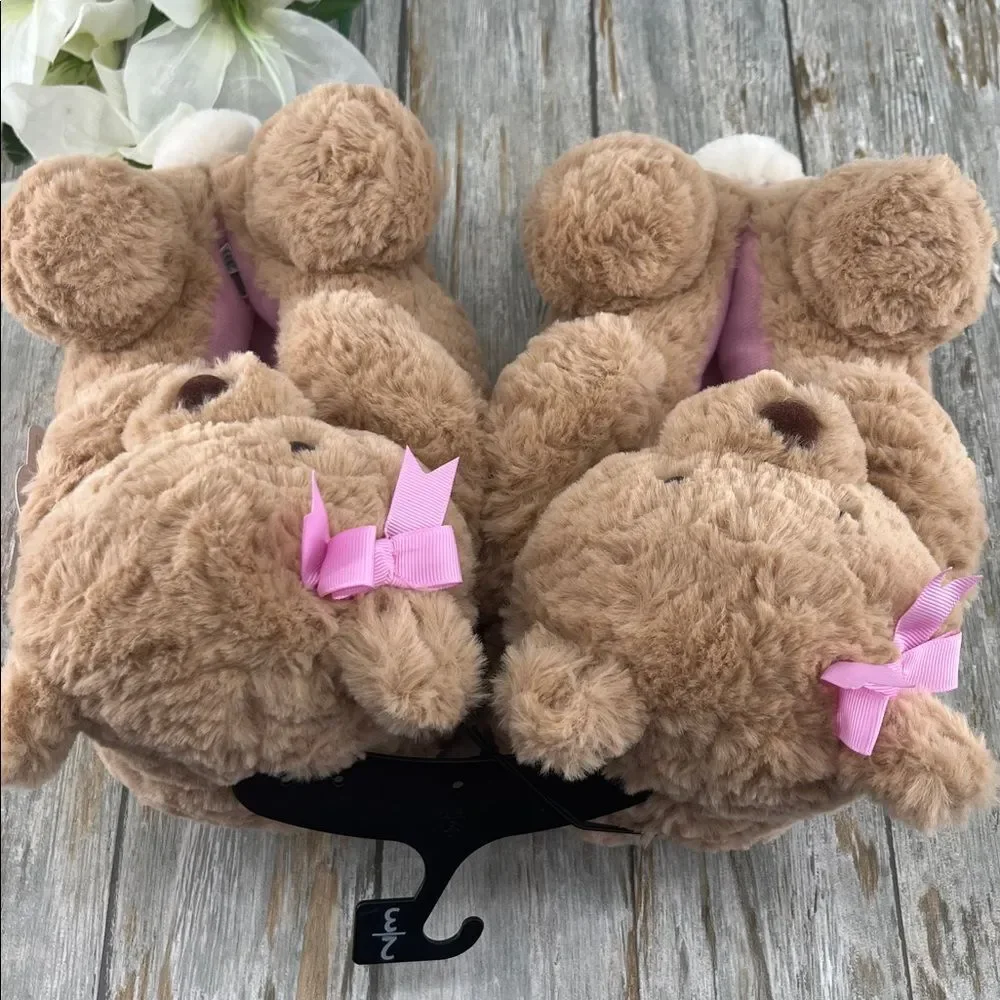 Little Girls Plush Teddy Bear Slippers Shoes Size 2-3